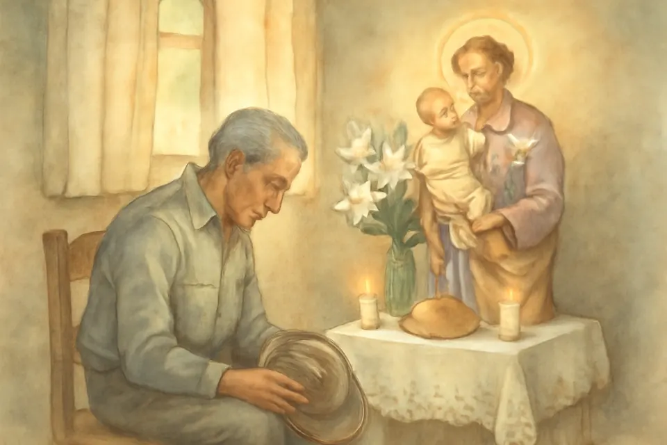 Ilustración en estilo acuarela de un altar casero de San José en una casa latinoamericana, con azucenas, velas y pan, ante el cual reza en silencio un hombre mayor
