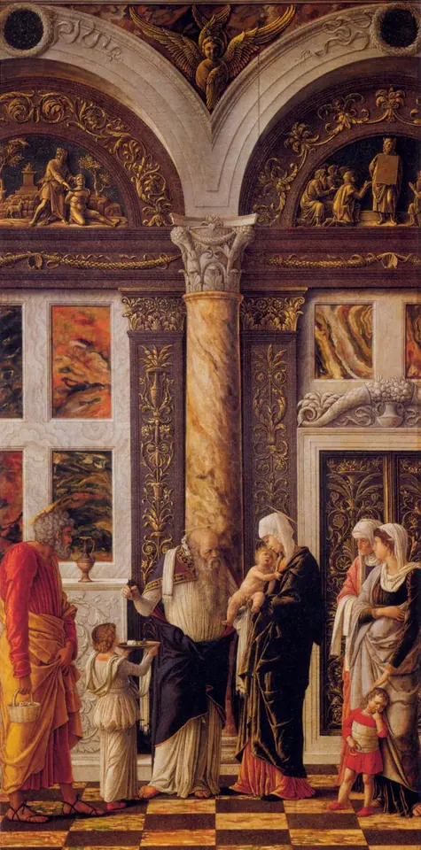 María presenta al Niño Jesús ante un sacerdote en un templo de arcos de mármol y oro, con José de manto naranja a la izquierda y unas mujeres con un niño a la derecha