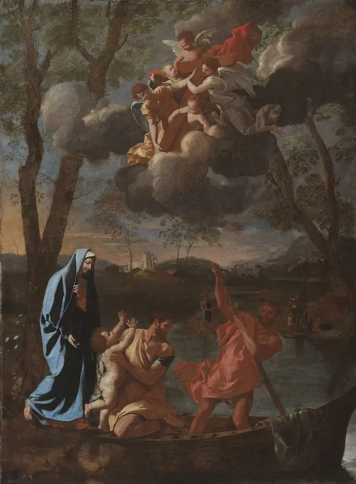 José sube al pequeño Jesús a una barca mientras María espera en la orilla del río al atardecer, y unos ángeles llevan una cruz entre las nubes