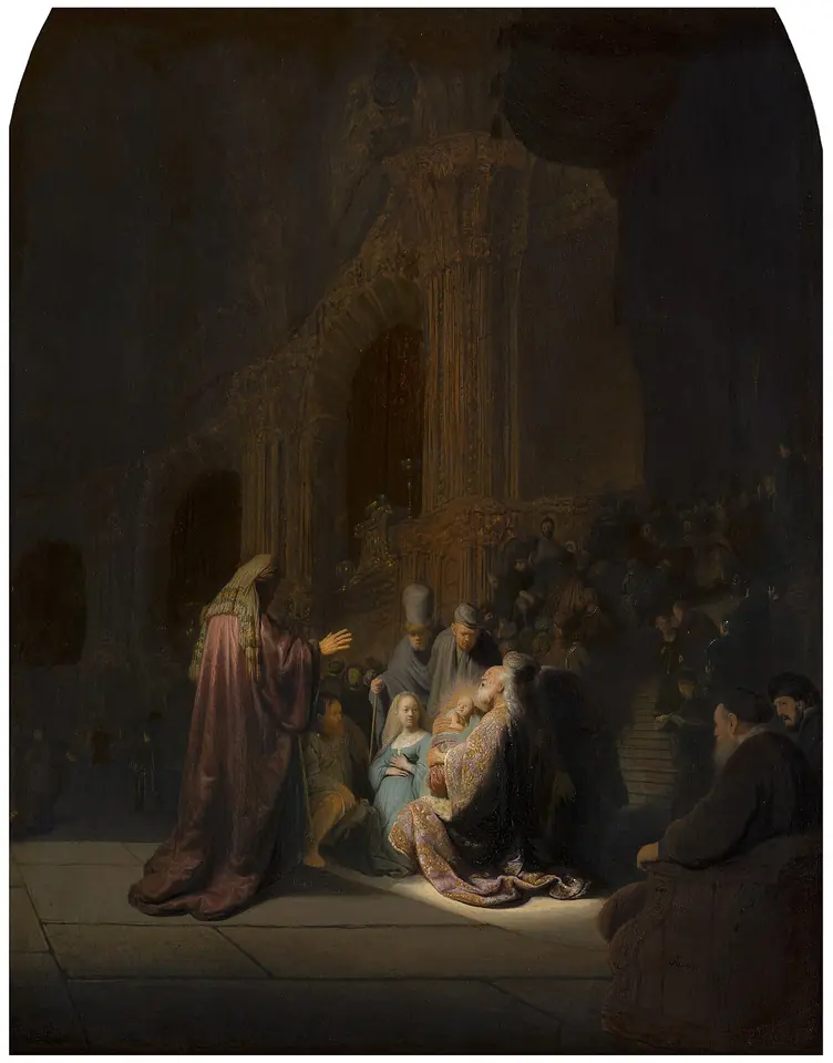 En un templo inmenso y oscuro, un haz de luz cae sobre el anciano Simeón, arrodillado con el Niño en brazos, y sobre María arrodillada a su lado