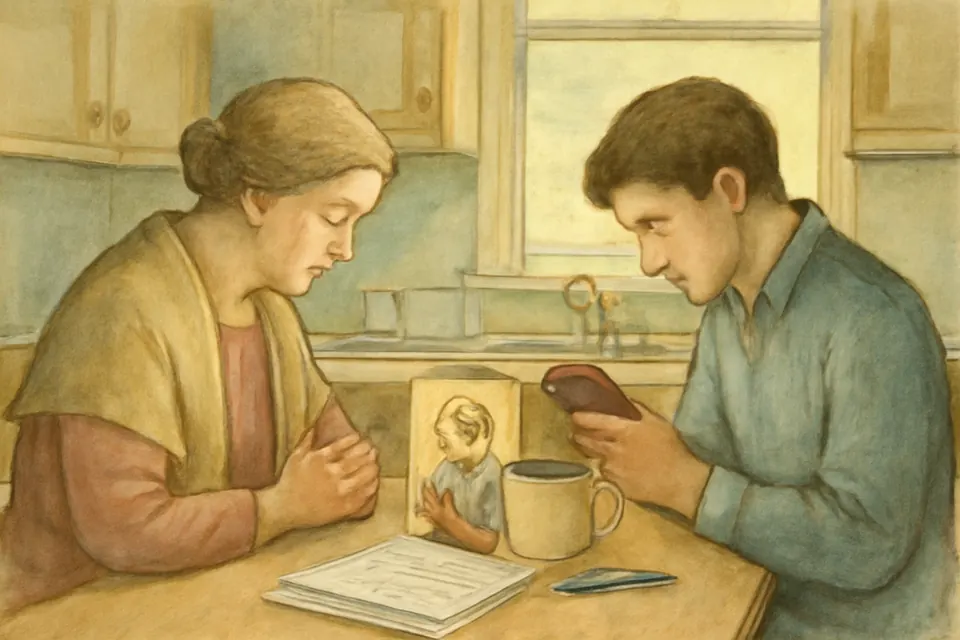 Ilustración en estilo acuarela de una madre y su hijo que rezan juntos en la mesa de la cocina, con un librito de oraciones y unas solicitudes de empleo