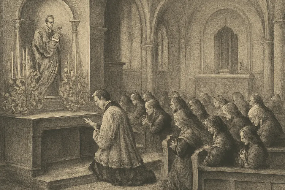 Ilustración en estilo grabado de una parroquia del siglo XIX que reza de rodillas ante el altar de San José adornado con azucenas y velas durante las devociones de marzo