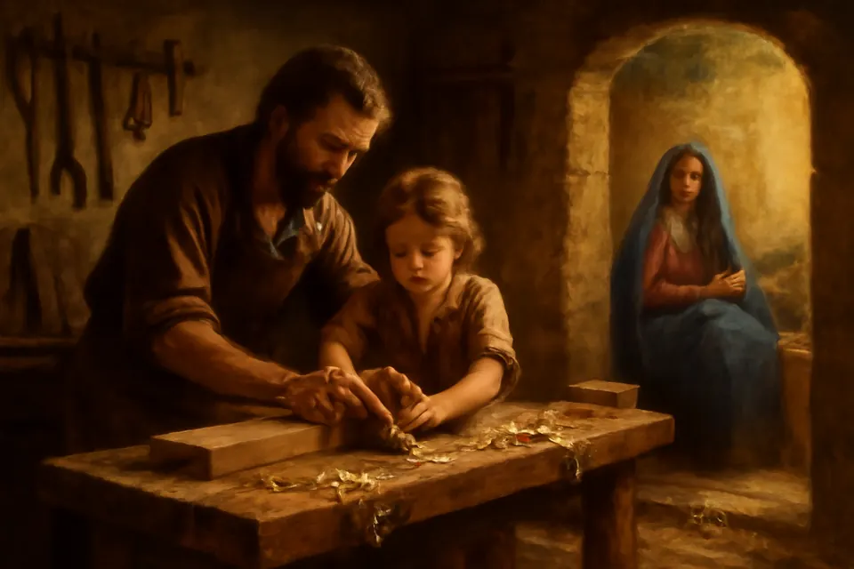 Ilustración en estilo óleo de San José que enseña al Niño Jesús a cepillar una tabla en el taller de Nazaret, mientras la Virgen hila junto a la puerta