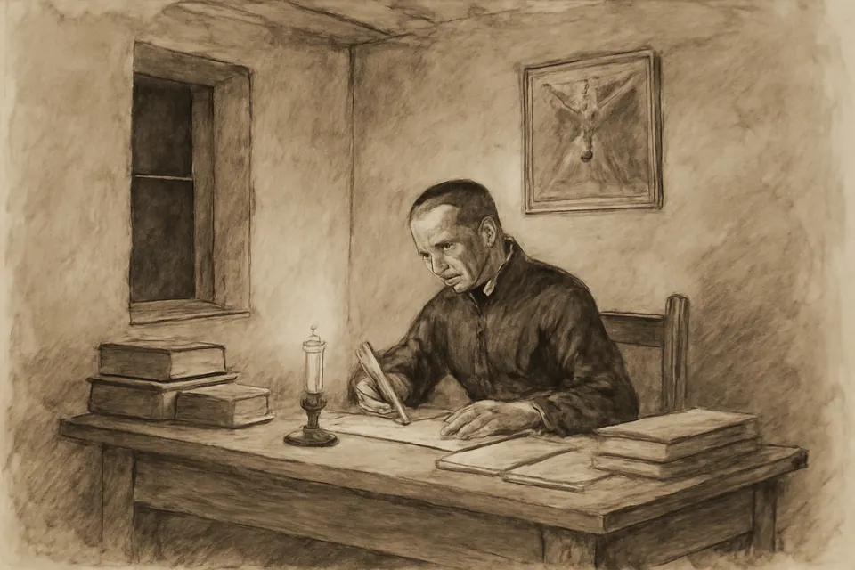 Dibujo a tinta de un jesuita del siglo XVII que escribe a la luz de una vela en una celda sencilla, con libros apilados y un cuadro de San Miguel en la pared
