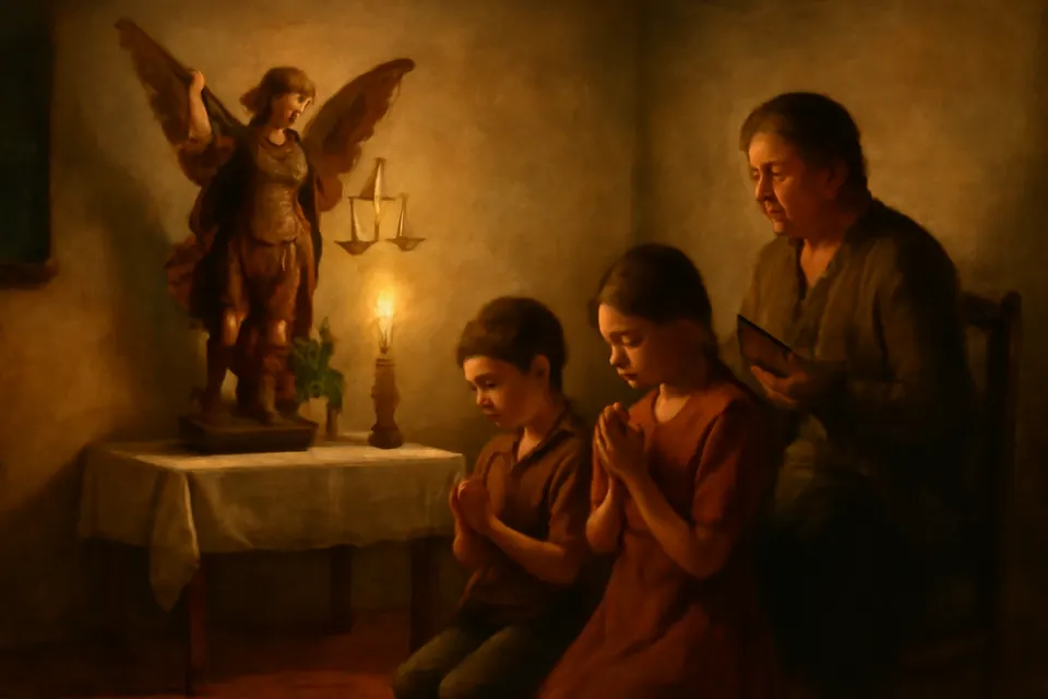 Ilustración en estilo óleo de una abuela que dirige la novena con un librito gastado ante un altar de casa con una imagen de San Miguel, mientras sus nietos rezan de rodillas
