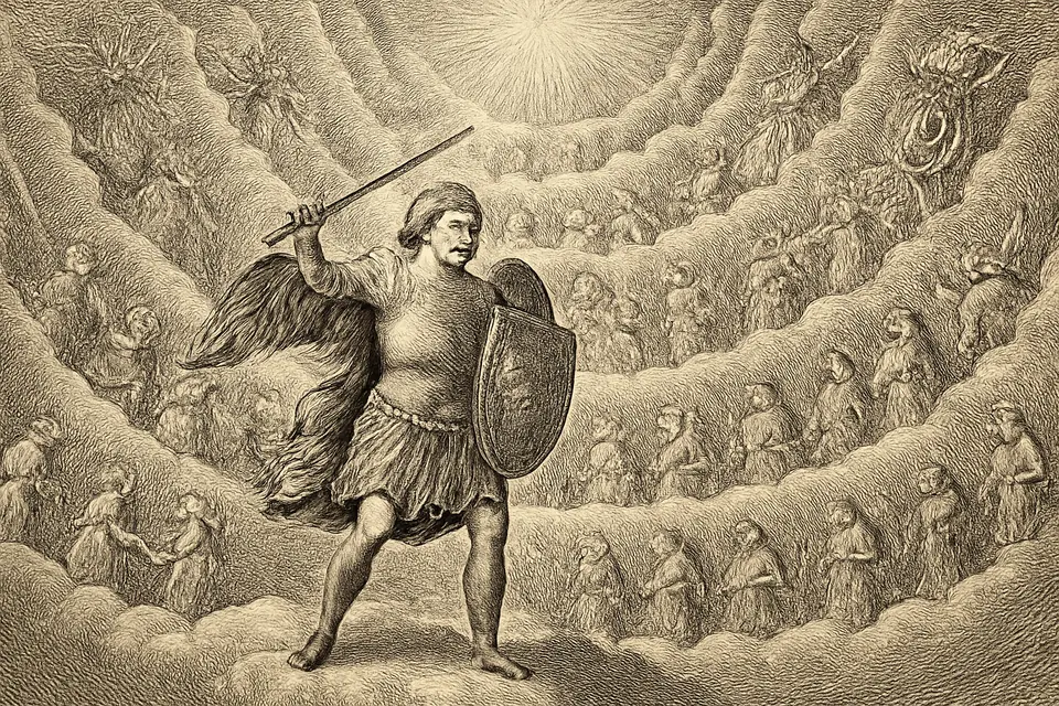 Ilustración en estilo grabado de los nueve coros de ángeles dispuestos en círculos de luz alrededor del trono de Dios, con San Miguel armado en primer plano