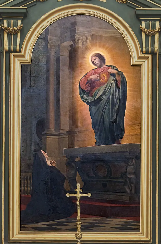 Pintura de una religiosa de hábito negro arrodillada ante un altar mientras Jesús, rodeado de luz, se le aparece y le muestra su corazón