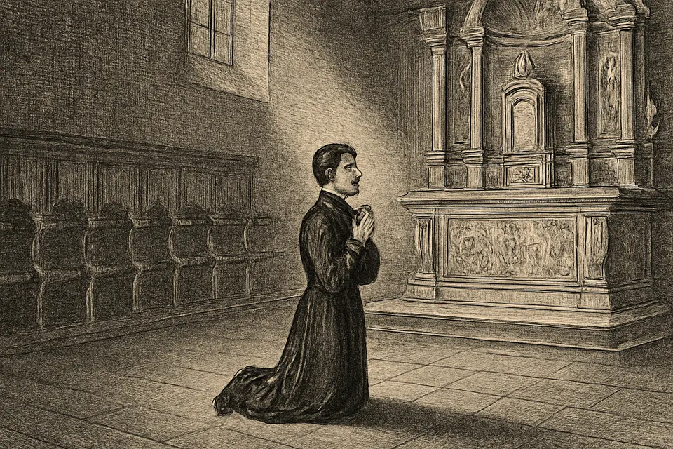 Ilustración en estilo grabado de un joven jesuita que reza de rodillas ante el sagrario en la capilla de un colegio, de madrugada