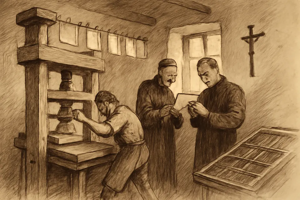 Ilustración en estilo de dibujo a tinta de dos jesuitas que revisan los pliegos recién impresos de un librito en una imprenta colonial de madera