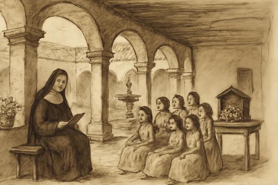 Ilustración en estilo tinta de una monja de la época colonial que enseña a rezar la novena a un grupo de niñas en el claustro de un convento de Bogotá