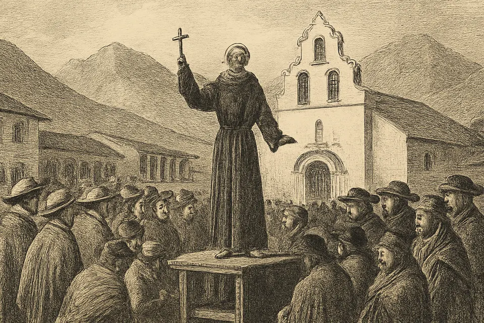 Ilustración en estilo grabado antiguo de un fraile franciscano del siglo XVIII que predica una misión popular a campesinos e indígenas en la plaza de un pueblo andino