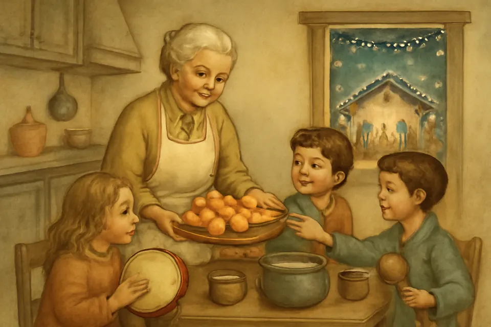 Ilustración en estilo acuarela de una abuela colombiana que sirve natilla y buñuelos a sus nietos después de rezar la novena