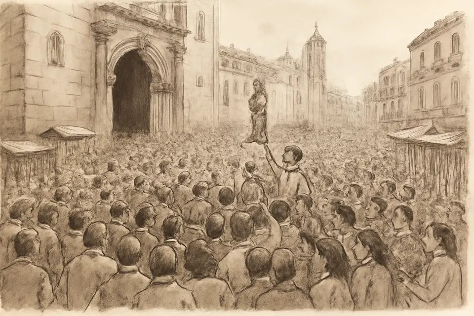 Ilustración en estilo de dibujo a tinta de una multitud de fieles con imágenes de San Judas Tadeo en brazos a la entrada de un templo colonial en la Ciudad de México