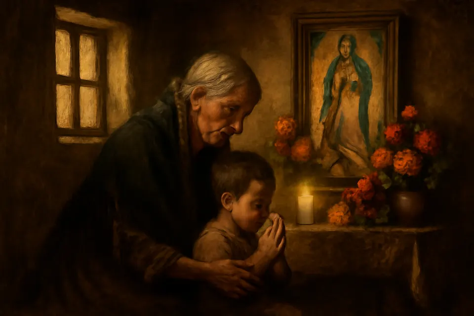 Ilustración al estilo de pintura al óleo de una abuela que enseña a su nieto a juntar las manos para rezar ante una imagen de la Virgen de Guadalupe