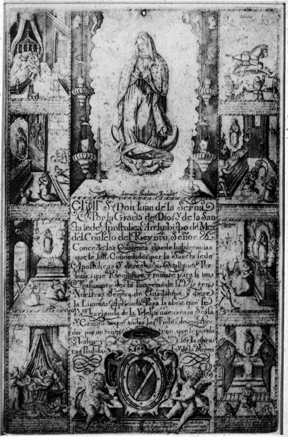 Grabado antiguo de la Virgen de Guadalupe en el centro, rodeada de pequeñas escenas de milagros, con un texto impreso al pie