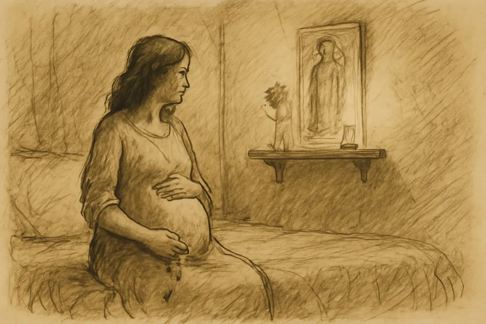 Ilustración en tinta y aguada sepia de una mujer embarazada que reza con las manos sobre el vientre ante un pequeño altar casero de la Virgen de Guadalupe