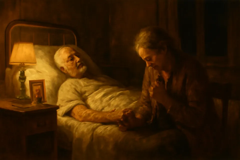 Ilustración de estilo óleo de una mujer que reza el Acordaos sentada junto a la cama de su esposo enfermo en la habitación de un hospital, de noche