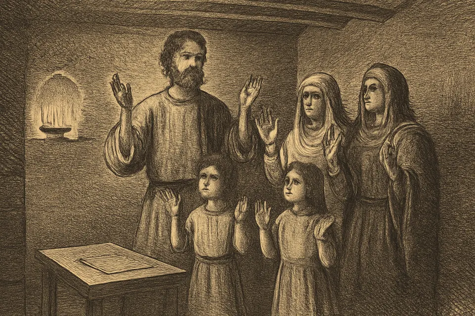 Ilustración en estilo grabado de una familia de cristianos de Egipto en los primeros siglos, que rezan de noche a la luz de una lámpara de aceite en una casa de adobe