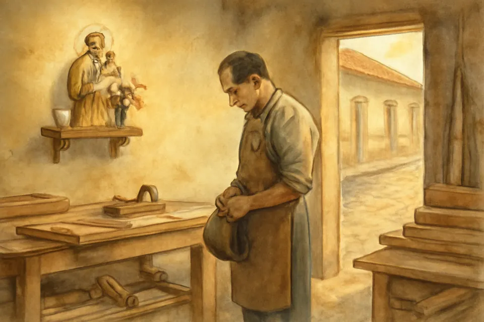 Ilustración en acuarela de un carpintero que reza un momento ante una pequeña imagen de San José en su taller antes de empezar el día