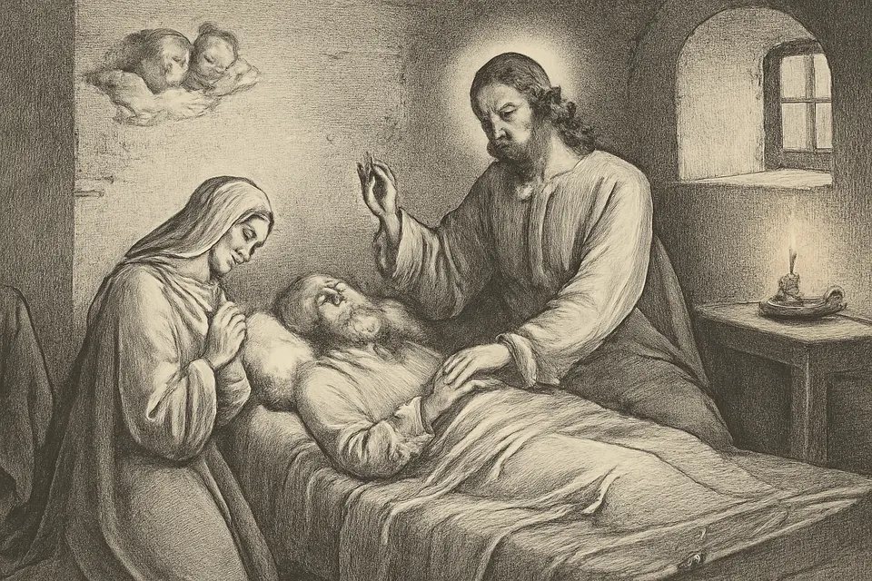 Ilustración en estilo grabado de San José en su lecho de muerte, con Jesús que le toma la mano y María que reza a su lado