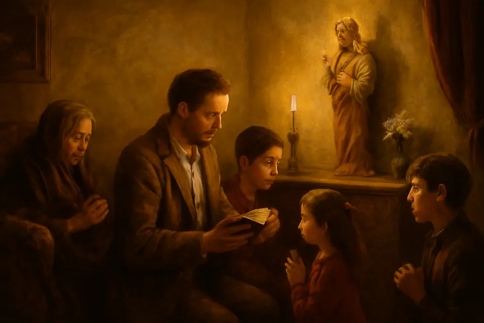 Ilustración en estilo óleo de una familia que reza junta un miércoles por la noche ante una imagen de San José en el altar de la casa