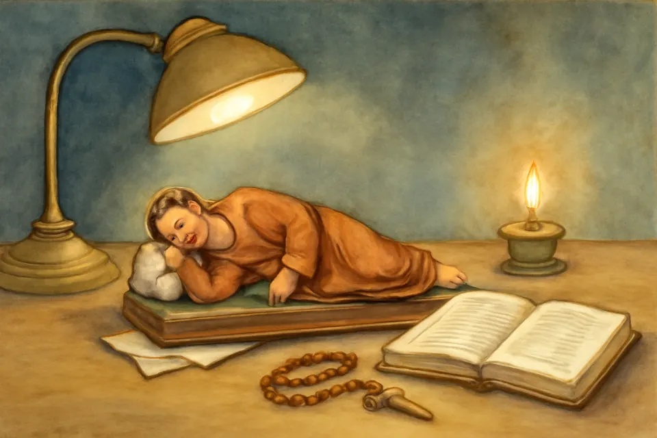 Ilustración en acuarela de una pequeña imagen de San José dormido sobre un escritorio, con papelitos doblados debajo, junto a una lámpara