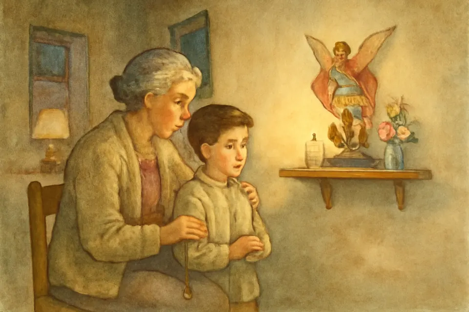 Ilustración en acuarela de una abuela que enseña a su nieto a rezar la oración a San Miguel ante una pequeña imagen del arcángel en el altar de la casa