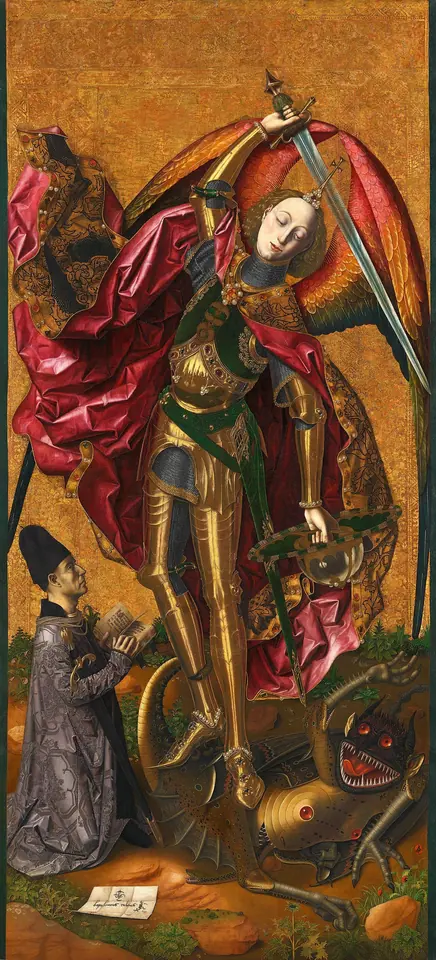 Pintura de Miguel con brillante armadura dorada y capa roja, la espada en alto sobre un demonio de muchas cabezas, con un donante arrodillado que sostiene un libro de oraciones
