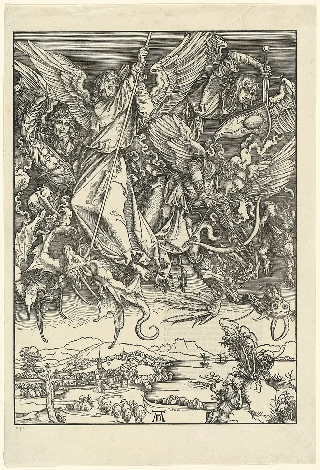 Grabado en madera en blanco y negro de Miguel y sus ángeles luchando contra demonios alados y un dragón en el cielo, sobre un paisaje tranquilo con una ciudad y un lago