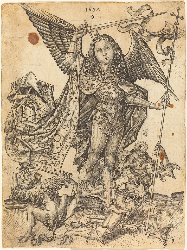 Grabado del arcángel con larga túnica estampada que levanta la espada sobre pequeños demonios a sus pies, con un estandarte en un asta larga y una cruz en el escudo
