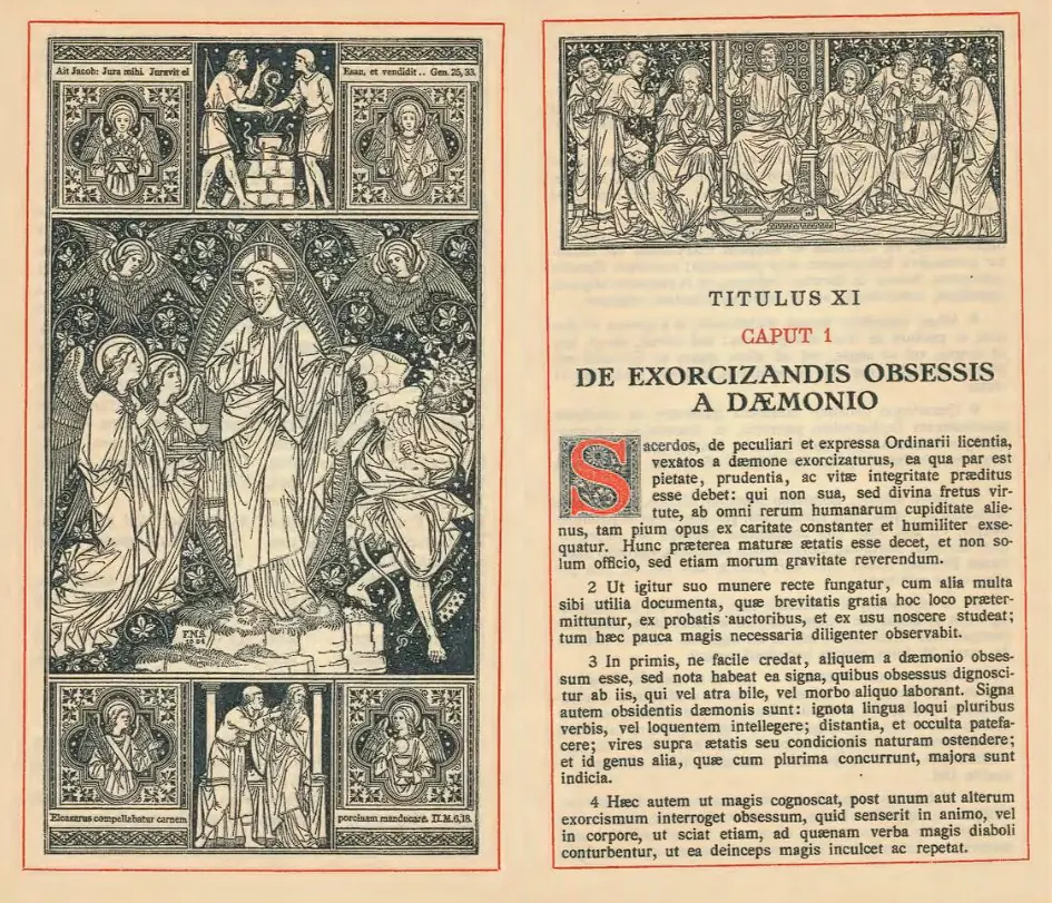 Dos páginas impresas de un libro en latín, con un marco grabado de Cristo expulsando a un demonio a la izquierda y el título De exorcizandis obsessis a daemonio a la derecha