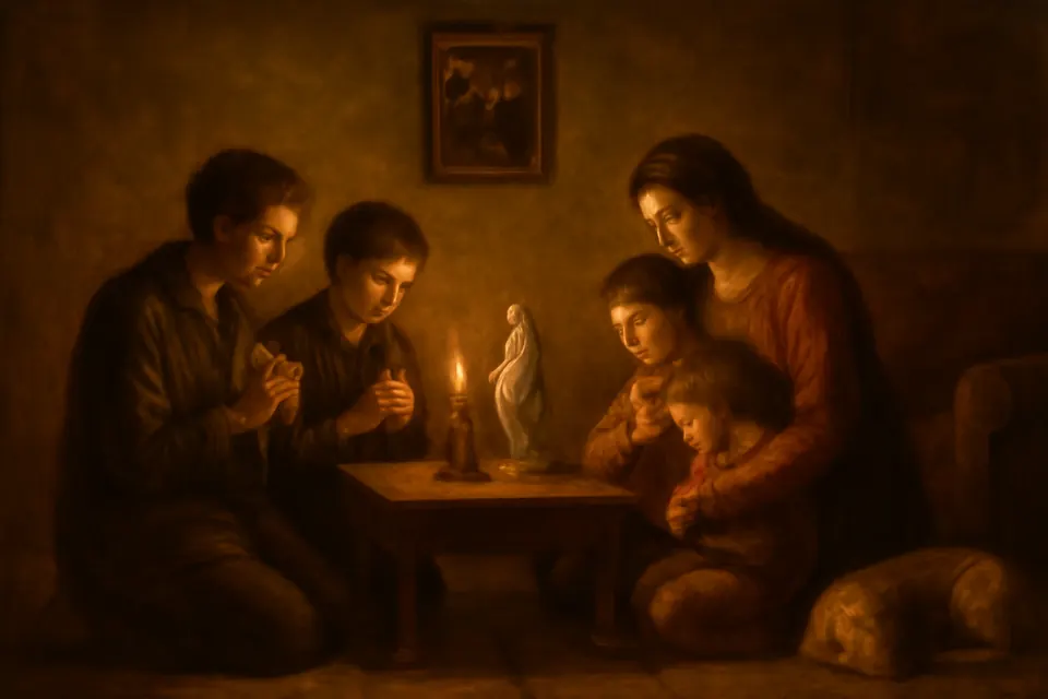 Ilustración en estilo óleo de una familia que termina el rosario de rodillas en la sala de su casa, con una estampa enmarcada de San Miguel en la pared