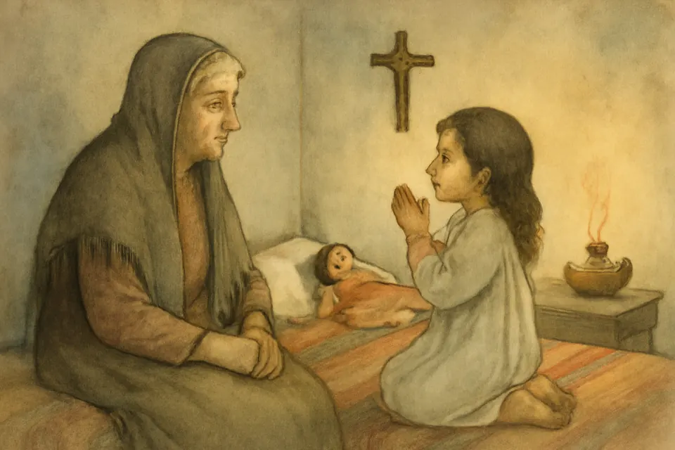 Ilustración en estilo acuarela de una abuela que reza con su nieta de cinco años junto a la cama, a la luz de una lámpara, en una casa latinoamericana