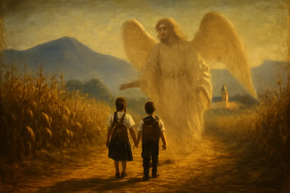 Ilustración en estilo óleo de dos niños que caminan a la escuela por un camino rural de México, con un ángel alto y tenue que los acompaña a su espalda