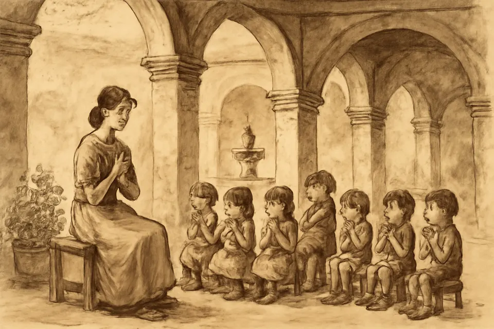 Ilustración en estilo tinta de una catequista que enseña a un grupo de niños a rezar con las manos juntas en el patio de una parroquia