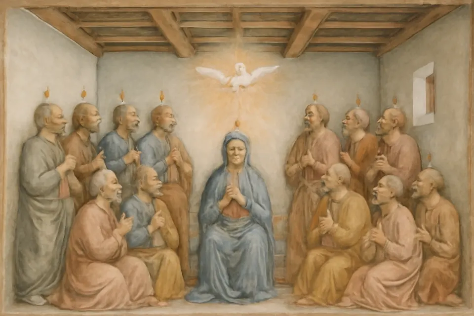 Ilustración en estilo fresco de la Virgen María en oración con los apóstoles en el cenáculo, mientras sobre sus cabezas aparecen pequeñas lenguas de fuego