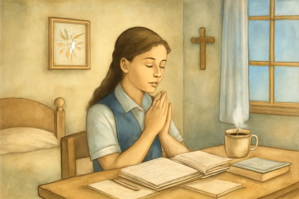 Ilustración en acuarela de una estudiante que reza con los ojos cerrados ante su escritorio antes de un examen, con los libros abiertos y una pequeña imagen de una paloma