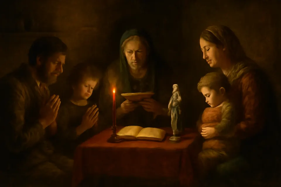 Ilustración en estilo óleo de una familia que reza de rodillas la novena al Espíritu Santo ante una vela roja en la sala de su casa