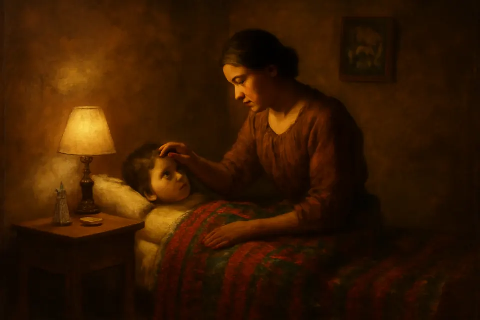 Ilustración en estilo óleo de una madre que traza la señal de la cruz con agua bendita en la frente de su hijo pequeño, ya acostado, antes de apagar la luz