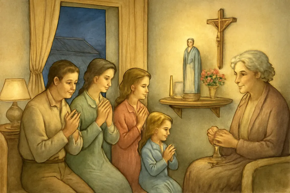 Ilustración en estilo acuarela de una familia latinoamericana de tres generaciones que reza junta la oración de la noche en la sala de su casa, ante un pequeño altar con un crucifijo y una imagen de la Virgen