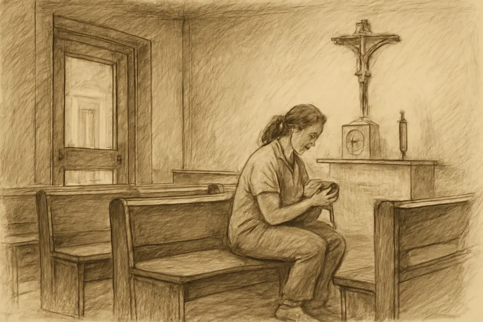 Ilustración en estilo tinta de una enfermera de turno de noche que se detiene un momento a rezar en la capilla vacía de un hospital