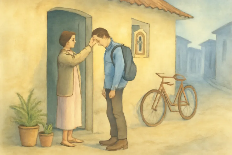 Ilustración en estilo acuarela de una madre latinoamericana que traza la señal de la cruz en la frente de su hijo adolescente en la puerta de la casa, antes de que salga al trabajo