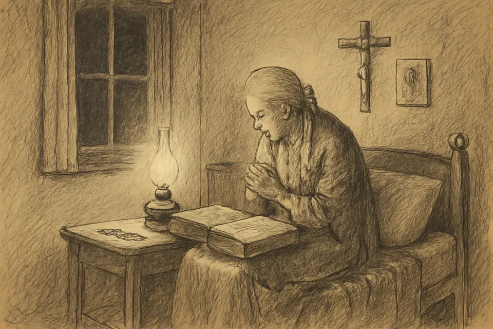 Dibujo a tinta de una anciana que lee el salmo 90 en una Biblia grande a la luz de una lámpara, de noche, junto a la cama