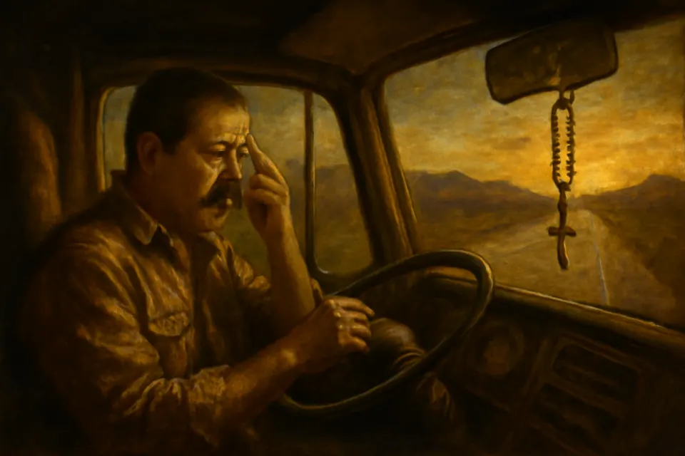 Ilustración en estilo óleo de un camionero que se persigna en la cabina de su tráiler antes de un largo viaje, con un rosario colgado del espejo
