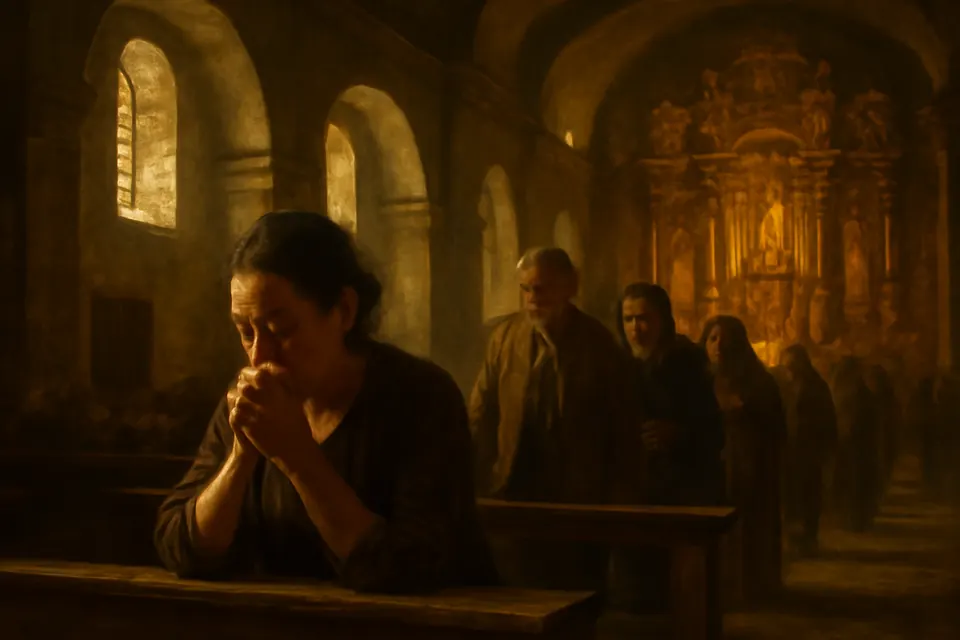 Ilustración al estilo de pintura al óleo de una mujer que reza de rodillas en una banca de una iglesia colonial después de comulgar, mientras otros fieles regresan a sus lugares