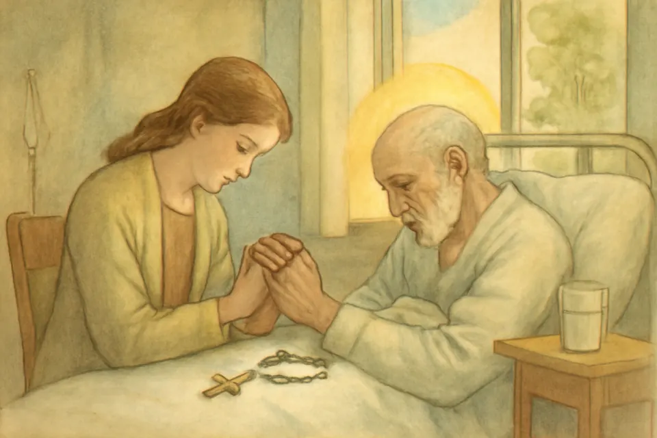 Ilustración en acuarela de una joven voluntaria que toma de la mano a un anciano enfermo en la cama de un hospital y reza con él