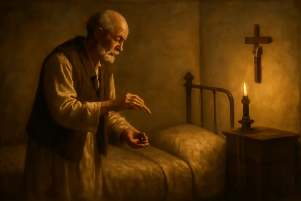 Ilustración de estilo óleo de un anciano que rocía su cama con agua bendita antes de acostarse, como aconsejaban los viejos devocionarios