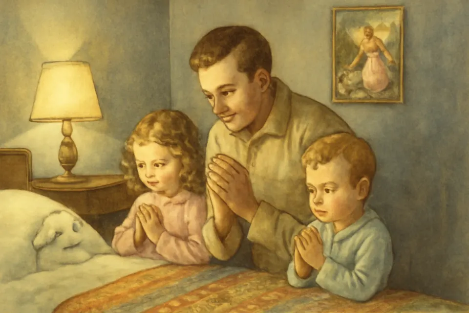 Ilustración en estilo acuarela de un padre que reza con sus dos hijos pequeños, arrodillados junto a la cama antes de dormir