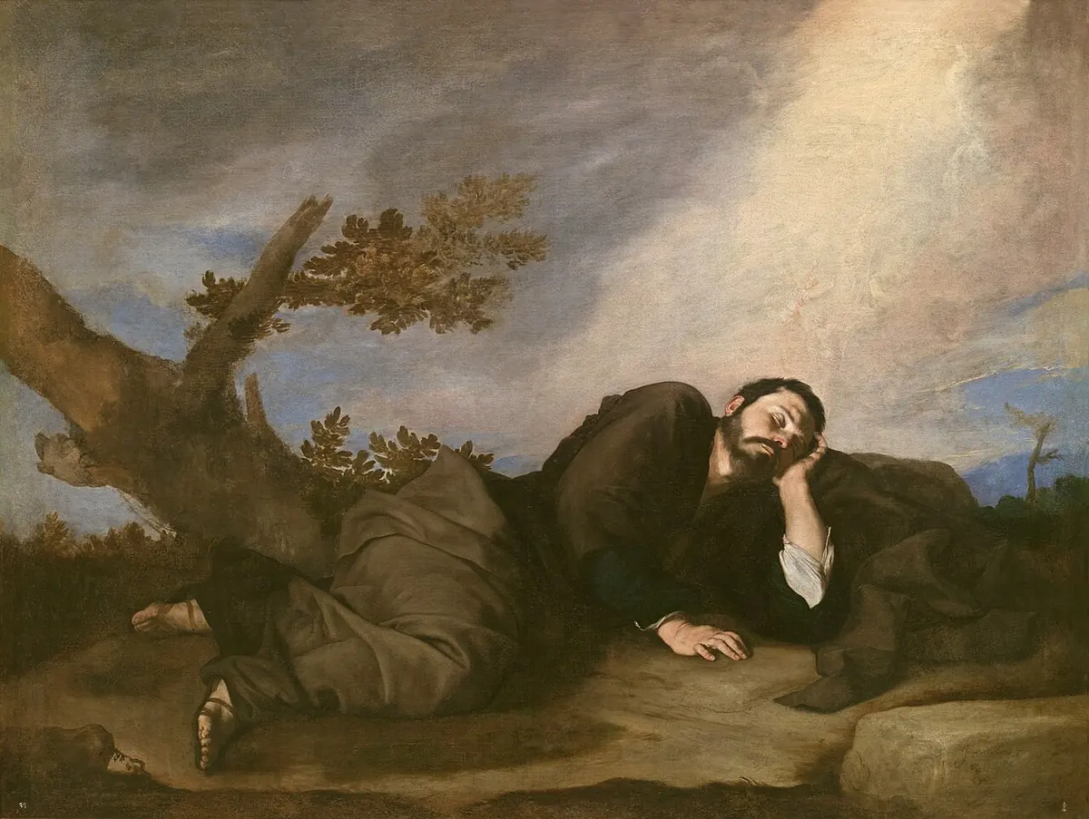 Jacob, vestido con ropas pardas de pastor, duerme tendido en el suelo de un campo con la cabeza apoyada en la mano, junto al tronco de un árbol, bajo un cielo con un haz de luz dorada