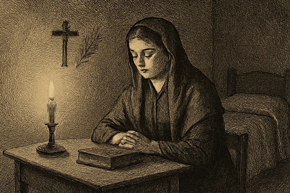 Ilustración en estilo grabado de una mujer sentada junto a una vela que hace en silencio el examen de conciencia antes de acostarse